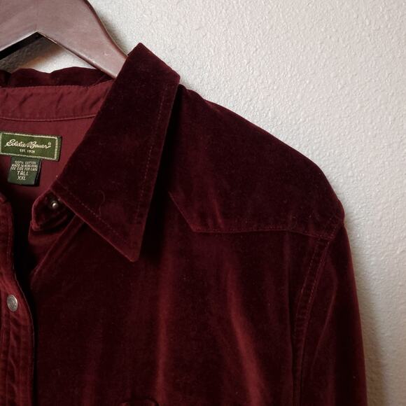 EDDIE BAUER (Tall) Velvet Snap Button Western Shirt Dress Wine Nightgown - Picture 6 of 9